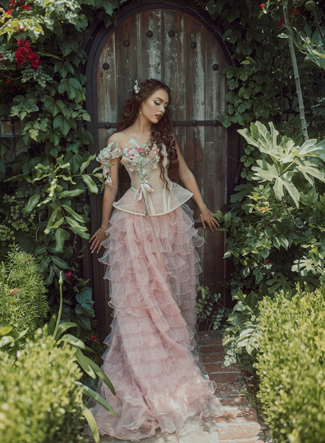 Gilded Garden Corset and Pink Peony Ruffled Skirt